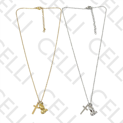 十字架和祈祷手不锈钢项链