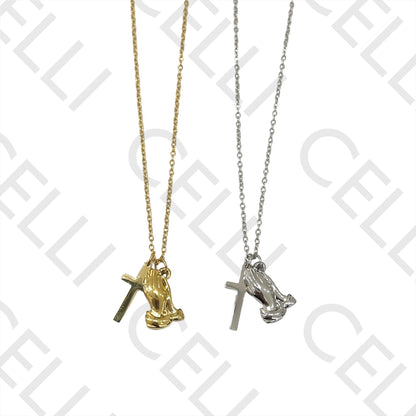 十字架和祈祷手不锈钢项链