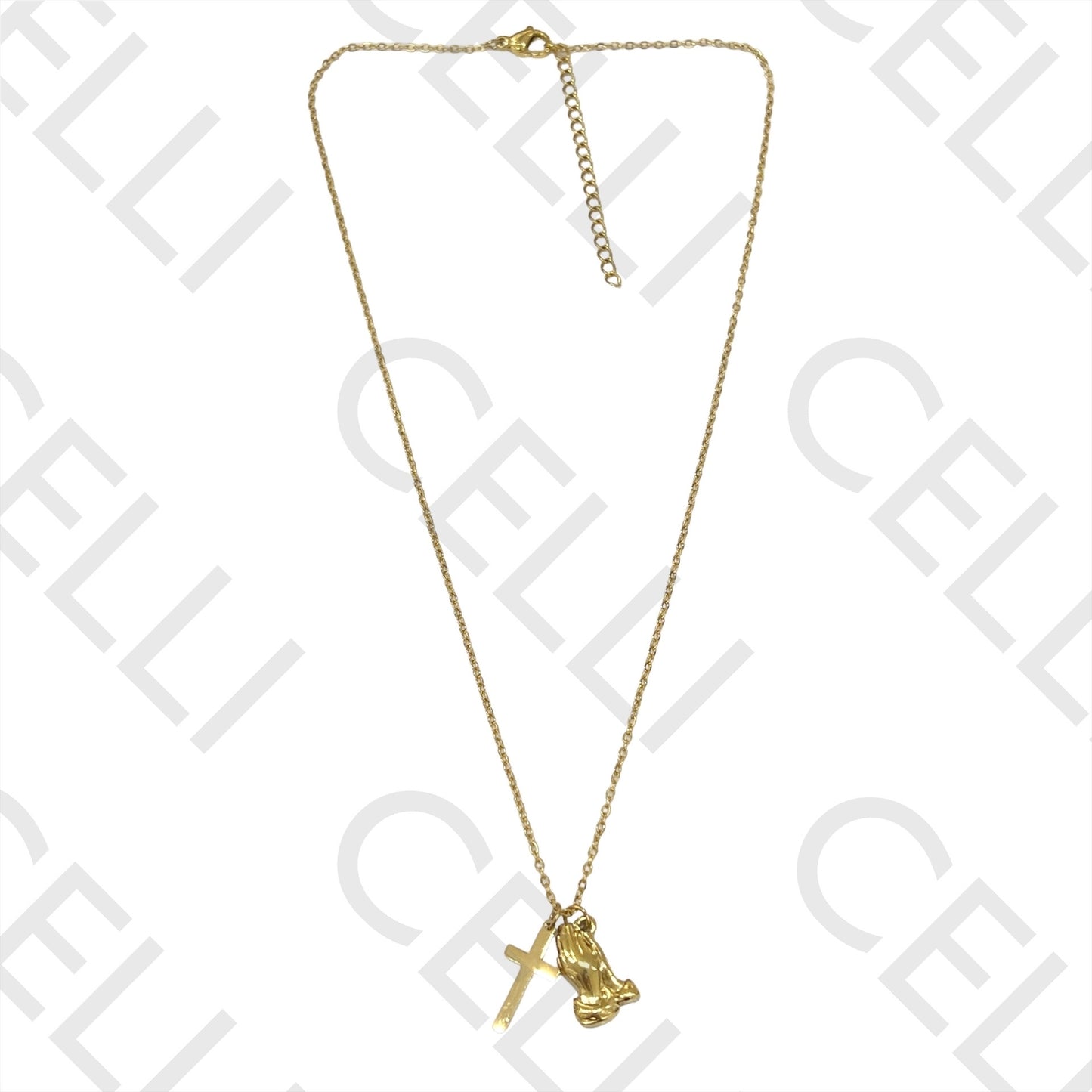 十字架和祈祷手不锈钢项链