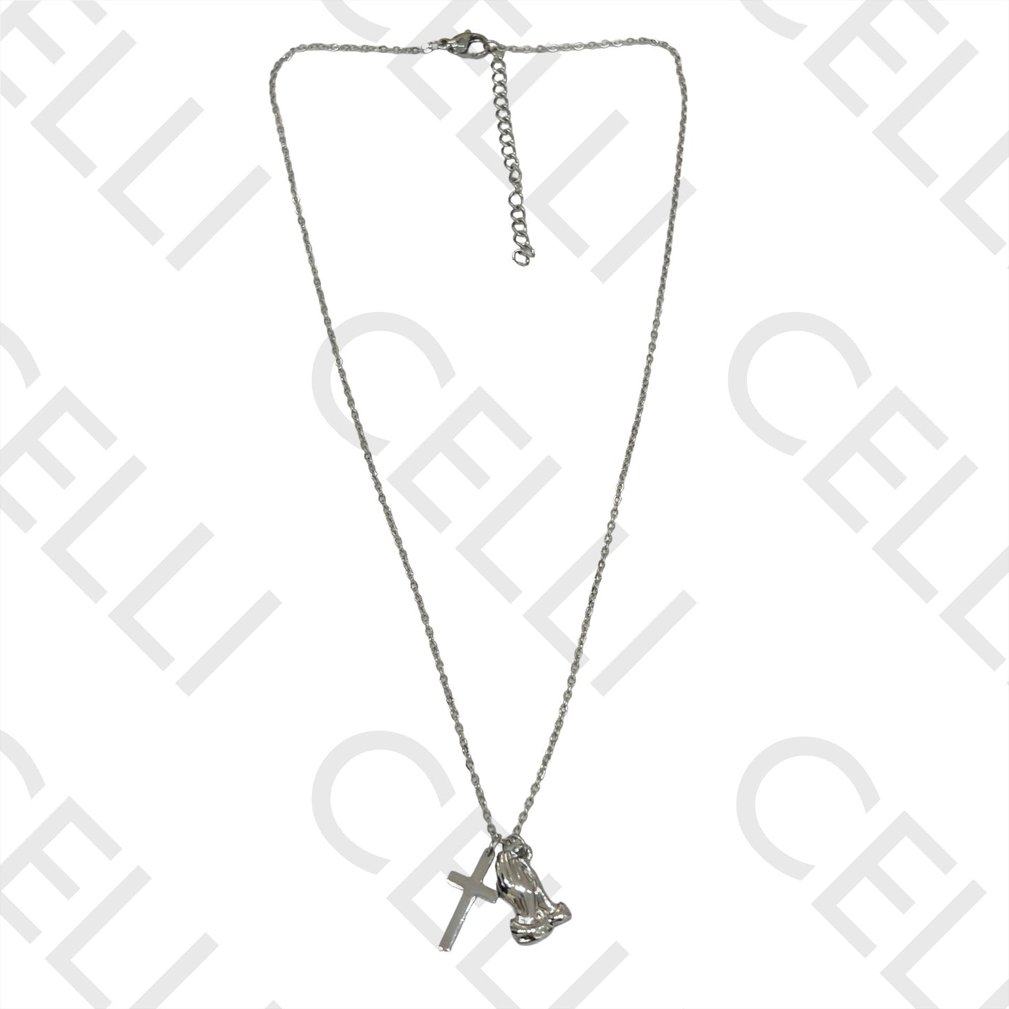 十字架和祈祷手不锈钢项链