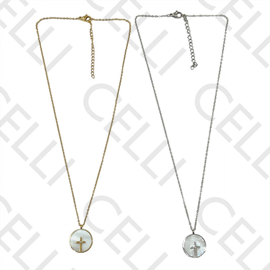 Colar de Aço - cruz com madrepérola