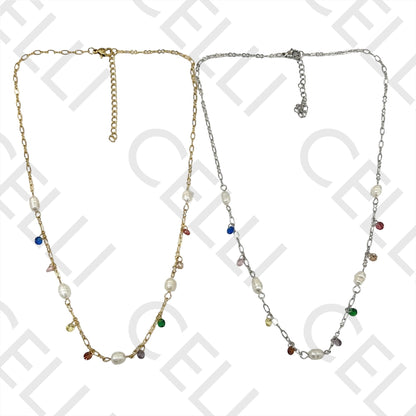 Steel Necklace - Pearls and Faceted Crystals