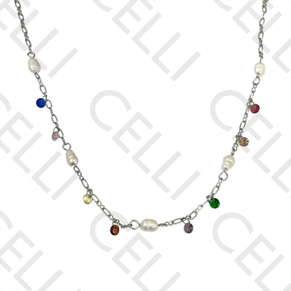 Steel Necklace - Pearls and Faceted Crystals