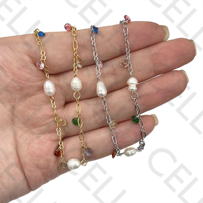 Steel Necklace - Pearls and Faceted Crystals