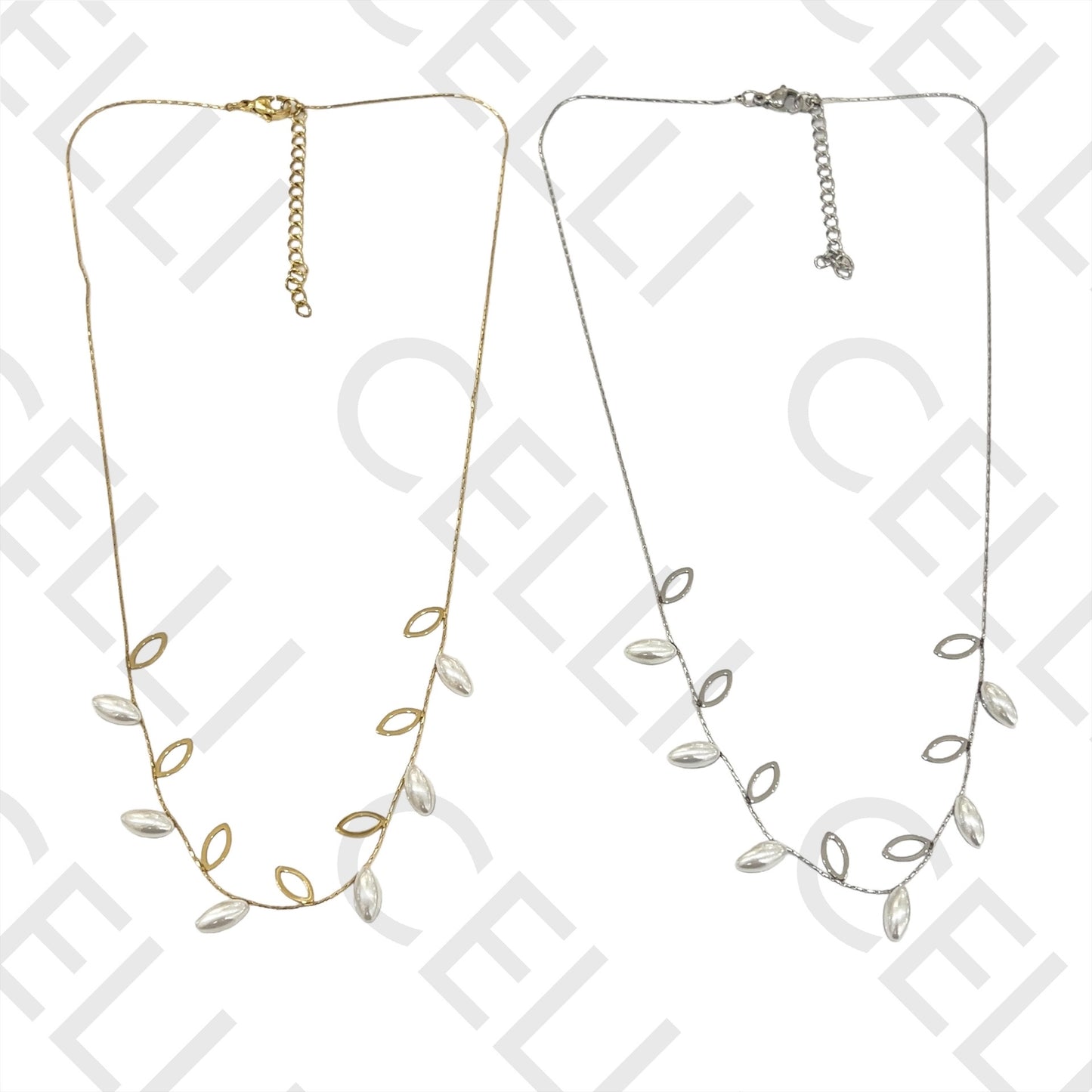 Steel Necklace - Leaf with Pearls