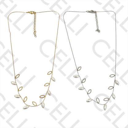 Steel Necklace - Leaf with Pearls