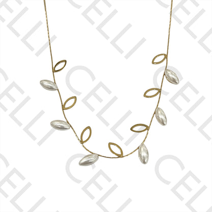 Steel Necklace - Leaf with Pearls
