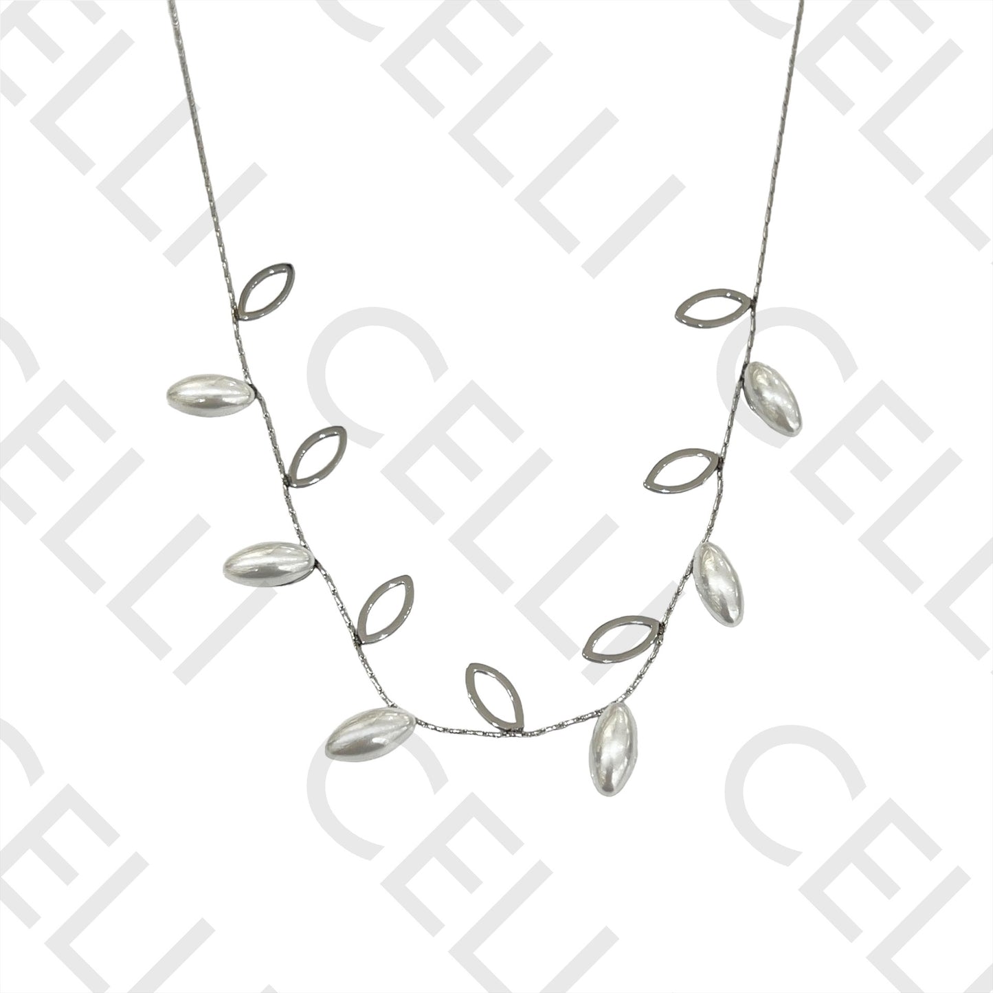 Steel Necklace - Leaf with Pearls