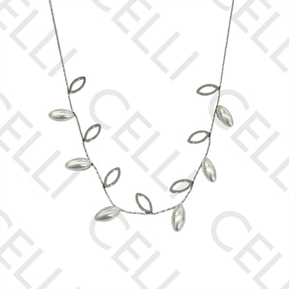 Steel Necklace - Leaf with Pearls