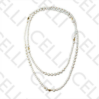 不锈钢项链 - 珍珠搭配钢球与心形吊坠