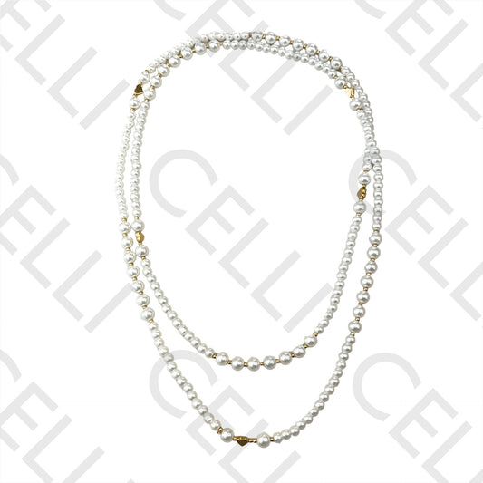 不锈钢项链 - 珍珠搭配钢球与心形吊坠