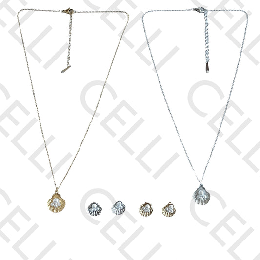 Colar/Brinco de aço - concha com pérolas