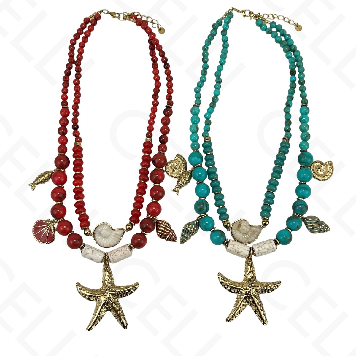 Collar de acero - doble, cuentas de piedra natural, estrella de mar