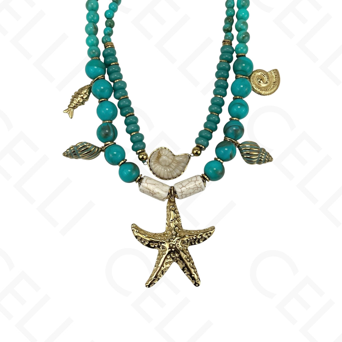 Collar de acero - doble, cuentas de piedra natural, estrella de mar
