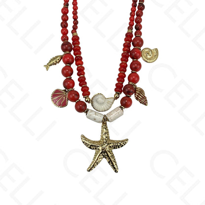 Collar de acero - doble, cuentas de piedra natural, estrella de mar