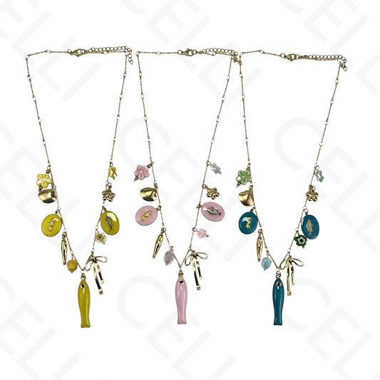 Colar de aço - peixe esmaltado, multi pendentes