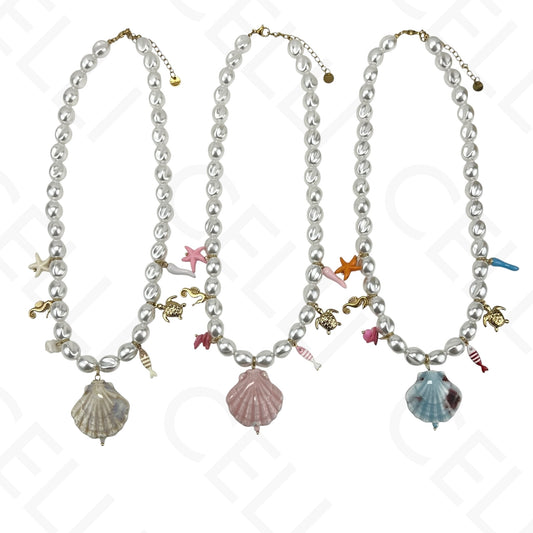 Steel necklace - ceramic shell, pearls