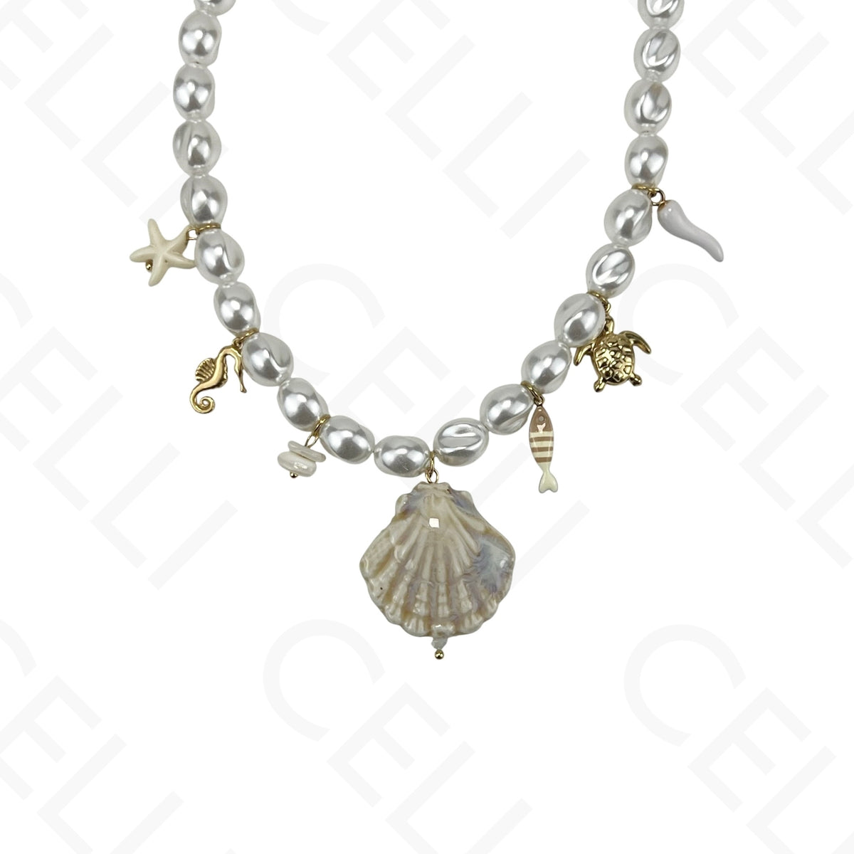 Collar de acero, concha de cerámica y perlas.