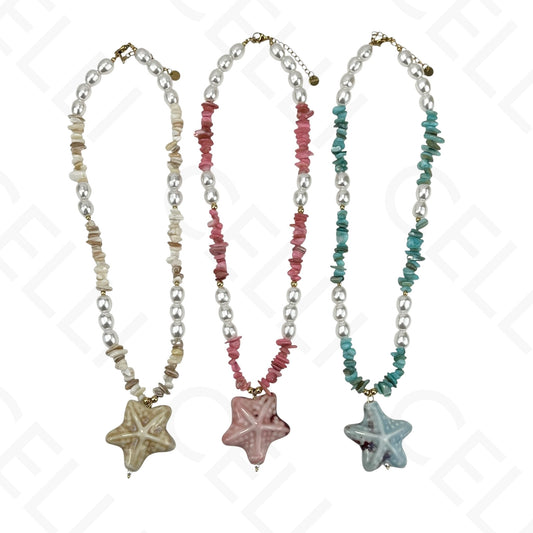 Steel necklace - starfish, resin, pearls, mother-of-pearl