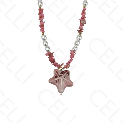Collar de acero con estrellas de mar, resina, perlas y nácar.