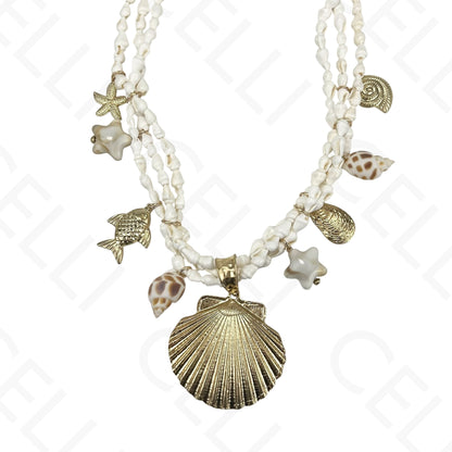 Collar de moda - tres conchas de cauri, concha marina