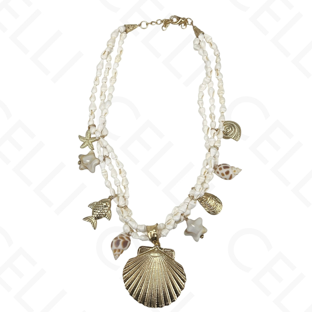 Collar de moda - tres conchas de cauri, concha marina