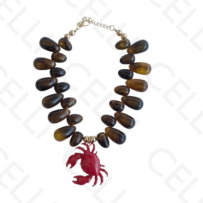 Colar de moda - contas ovais com medalha caranguejo esmaltado