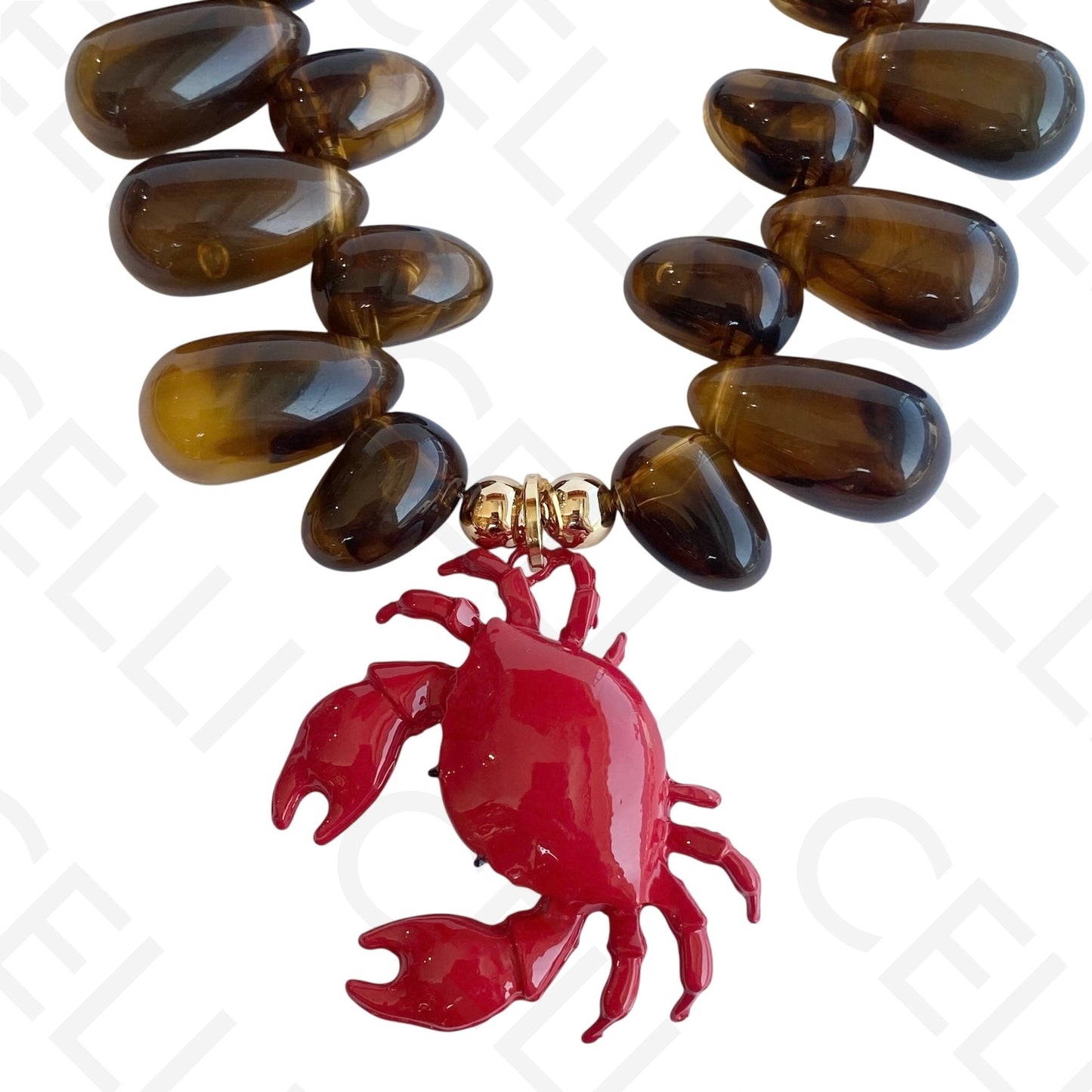 Colar de moda - contas ovais com medalha caranguejo esmaltado