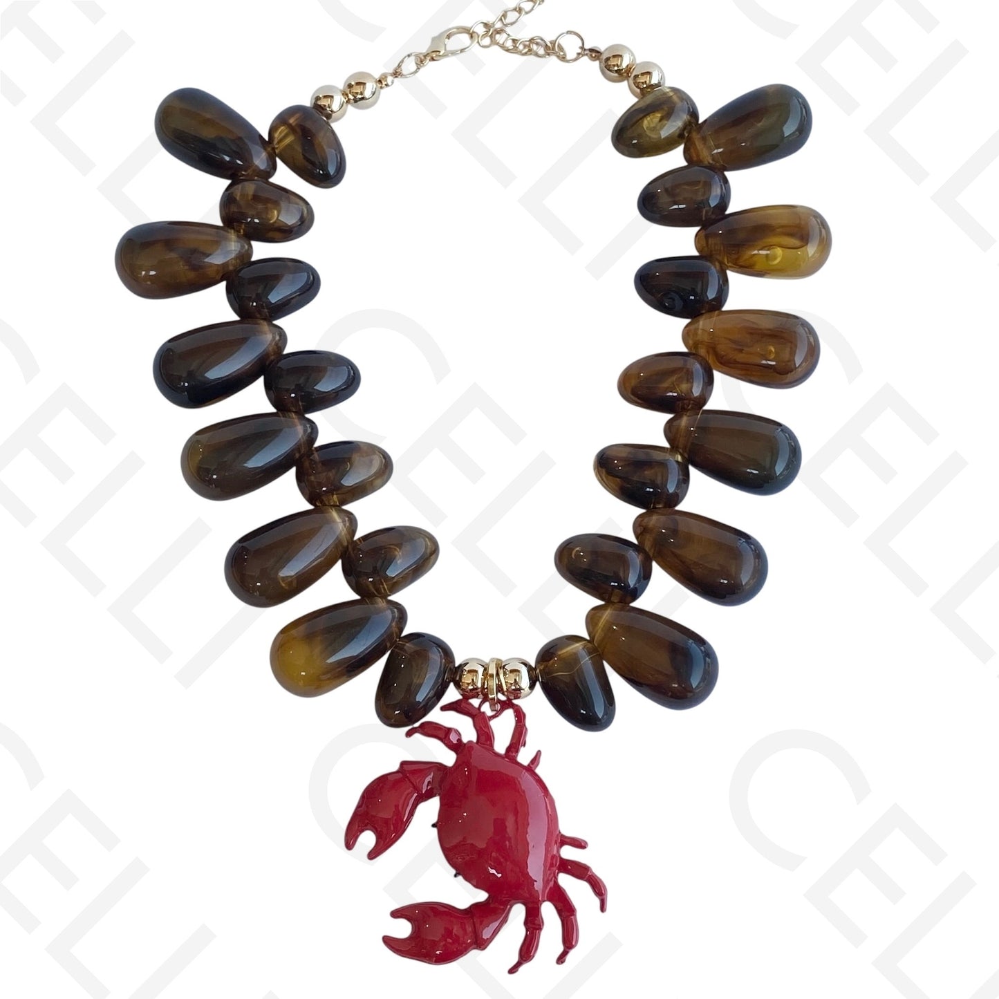 Colar de moda - contas ovais com medalha caranguejo esmaltado