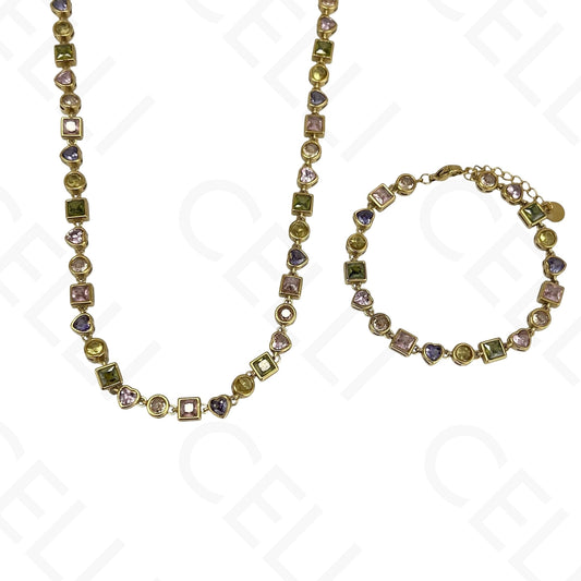 Colar/Pulseira de Aço - brilhantes coração, redondo e quadrado
