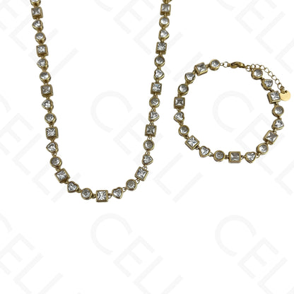 Steel Necklace/Bracelet - shiny heart, round and square