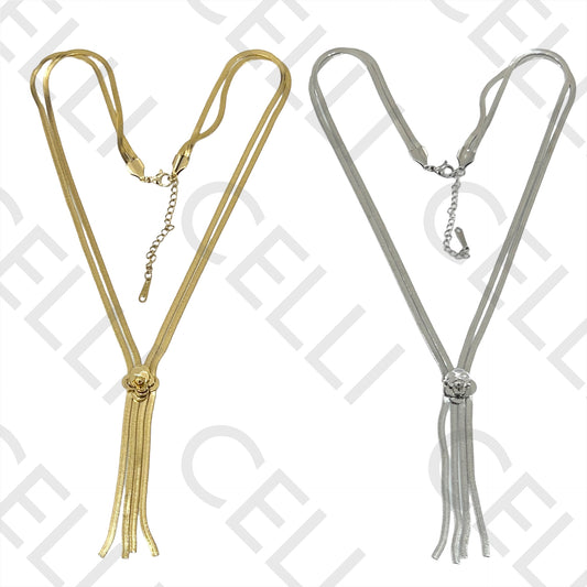 双层扁平蛇形钢制项链 - 粉色