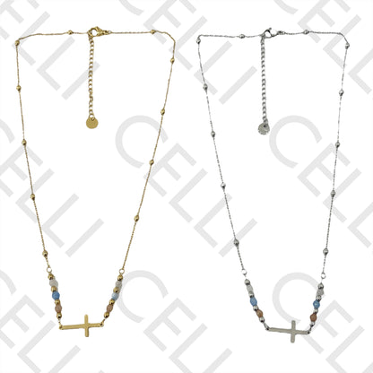 刻面宝石与水平十字钢制项链