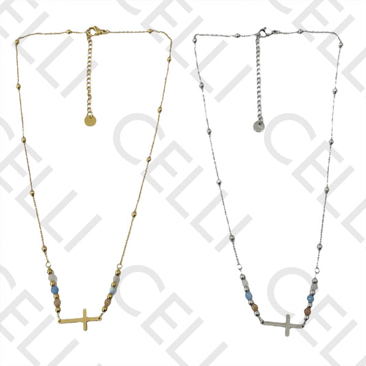 不锈钢项链 - 刻面宝石与水平十字架