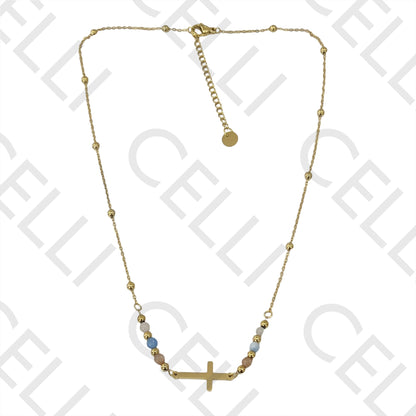 刻面宝石与水平十字钢制项链