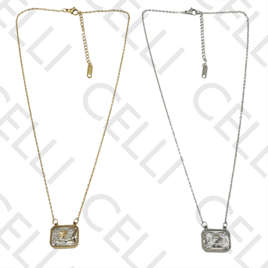 不锈钢项链 - 带狮子头图案的矩形水晶