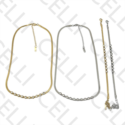 Colar / Pulseira de Aço - snake espalmado com brilhantes transparentes