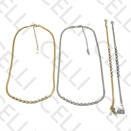 Collar / Pulsera de acero - serpiente plana con diamantes transparentes