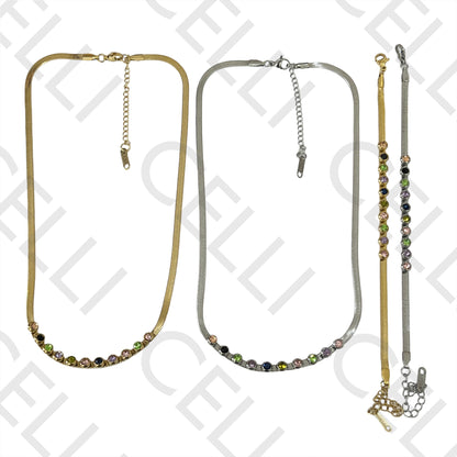 Colar / Pulseira de Aço - snake espalmado com brilhantes coloridos