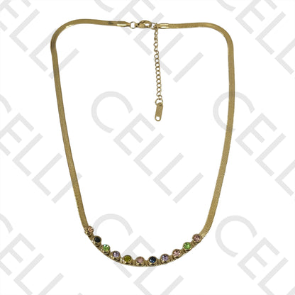 Colar / Pulseira de Aço - snake espalmado com brilhantes coloridos