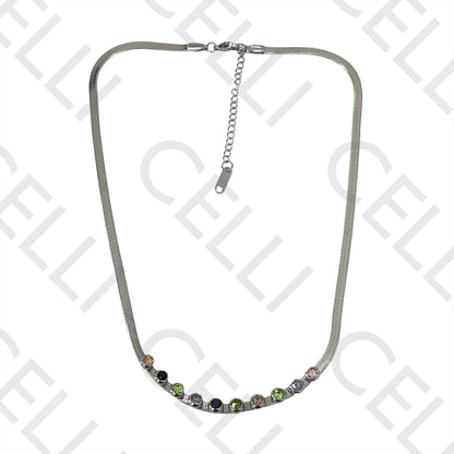 Colar / Pulseira de Aço - snake espalmado com brilhantes coloridos