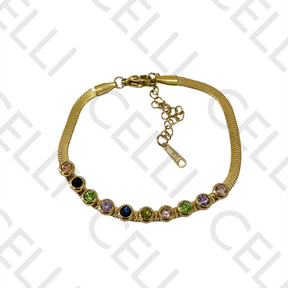 Colar / Pulseira de Aço - snake espalmado com brilhantes coloridos