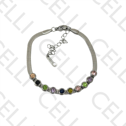 Colar / Pulseira de Aço - snake espalmado com brilhantes coloridos