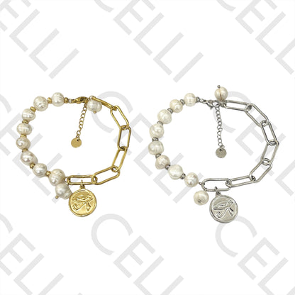 不锈钢手链 - 淡水珍珠（内部为钢链，焊接链节）