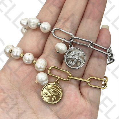 不锈钢手链 - 淡水珍珠（内部为钢链，焊接链节）