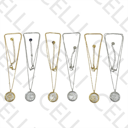 Steel Necklace - Glass Medal with Zirconias Inside