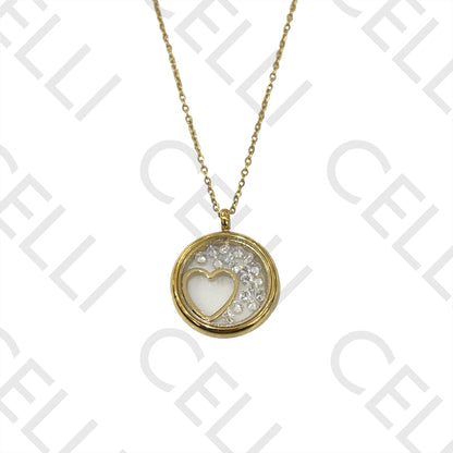 Steel Necklace - Glass Medal with Zirconias Inside