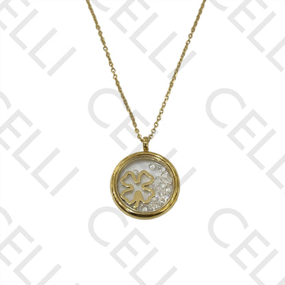 Steel Necklace - Glass Medal with Zirconias Inside