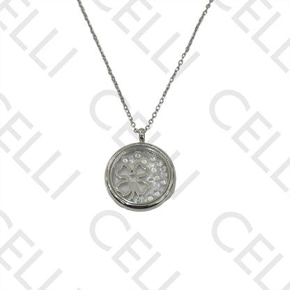 Steel Necklace - Glass Medal with Zirconias Inside