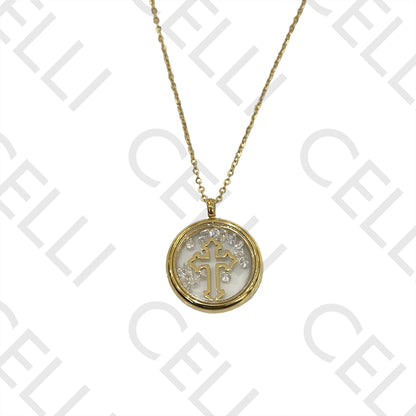 Steel Necklace - Glass Medal with Zirconias Inside